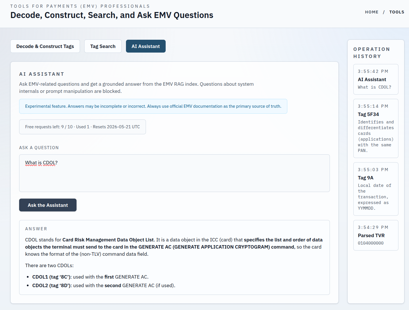 EMV Solutions AI assistant answer screenshot