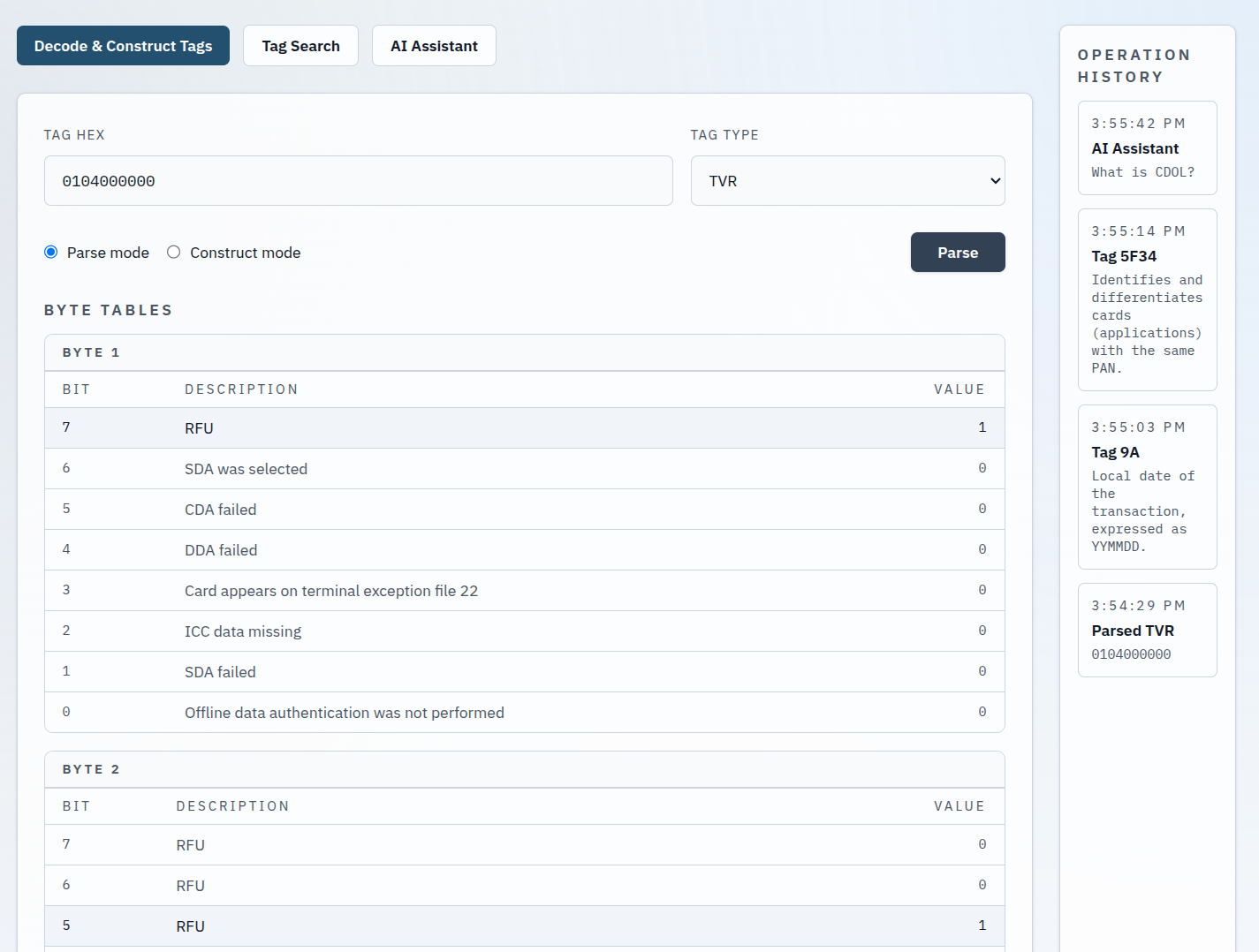 EMV Solutions decode and construct tags screenshot