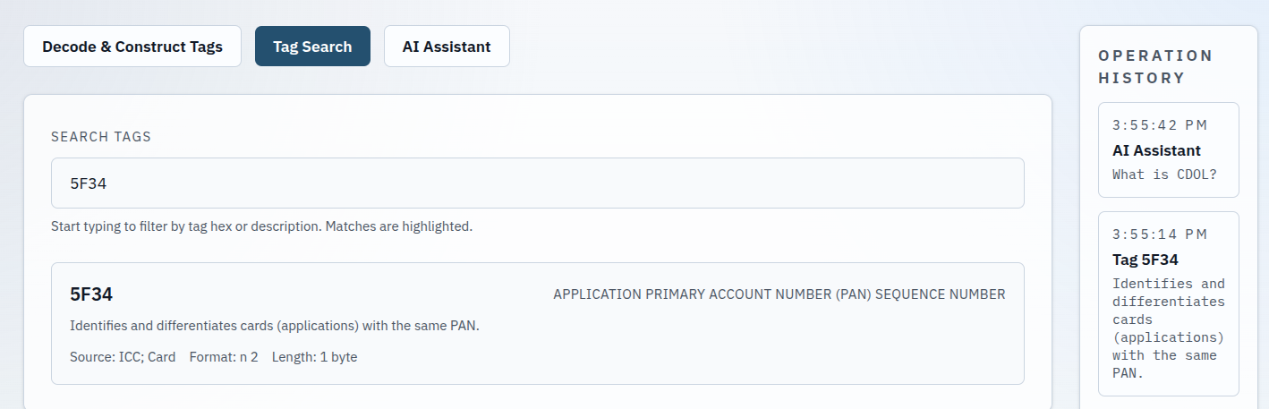 EMV Solutions tag search screenshot