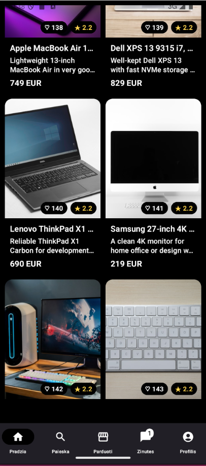Parduok mobile marketplace product grid screenshot