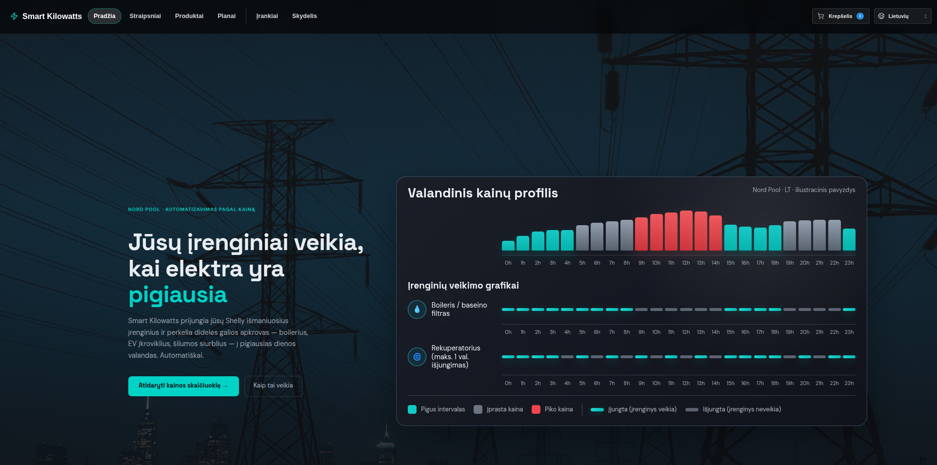 SmartKilowatts landing page and hourly price profile screenshot